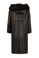 Adele Woman Black A-Line Hooded Fur Collar Leather Overcoat | Derimod Adele Woman Black A-Line Hooded Fur Collar Leather Overcoat | Derimod
