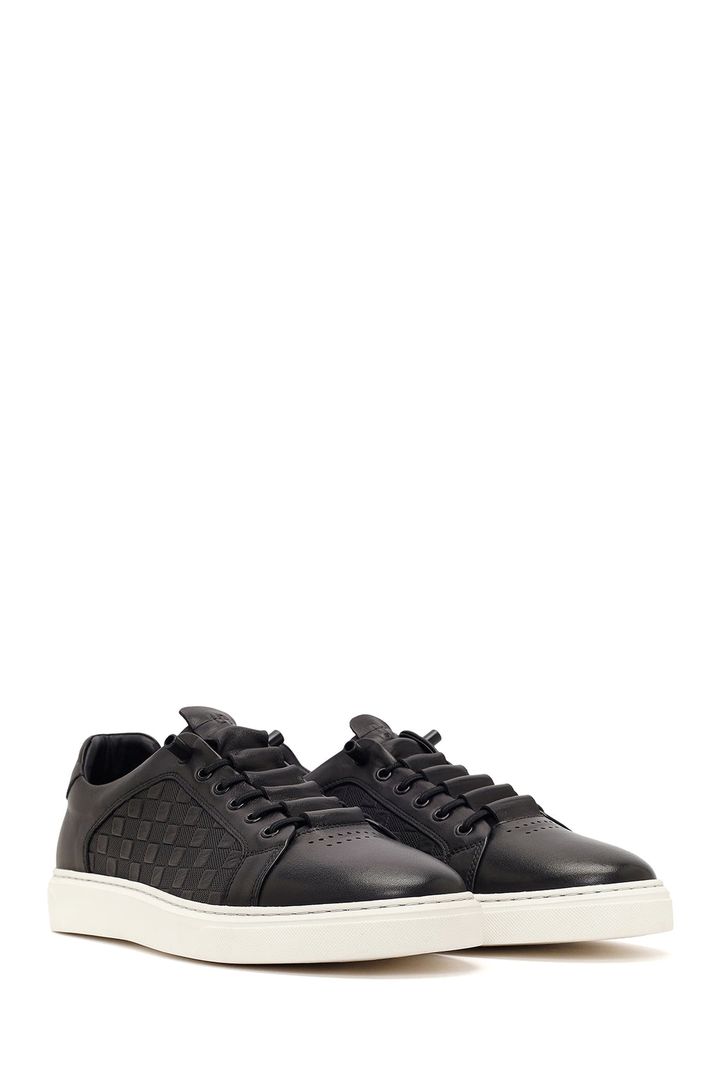 Erkek Siyah Bağcıklı Desenli Deri Sneaker
