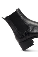Women's Black Croco Patterned Short Thick Heel Leather Chelsea Boot | Derimod Women's Black Croco Patterned Short Thick Heel Leather Chelsea Boot | Derimod