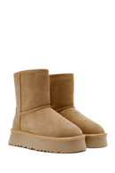 Women's Camel Fur Detailed Thick-Soled Suede Leather Boots | Derimod Women's Camel Fur Detailed Thick-Soled Suede Leather Boots | Derimod