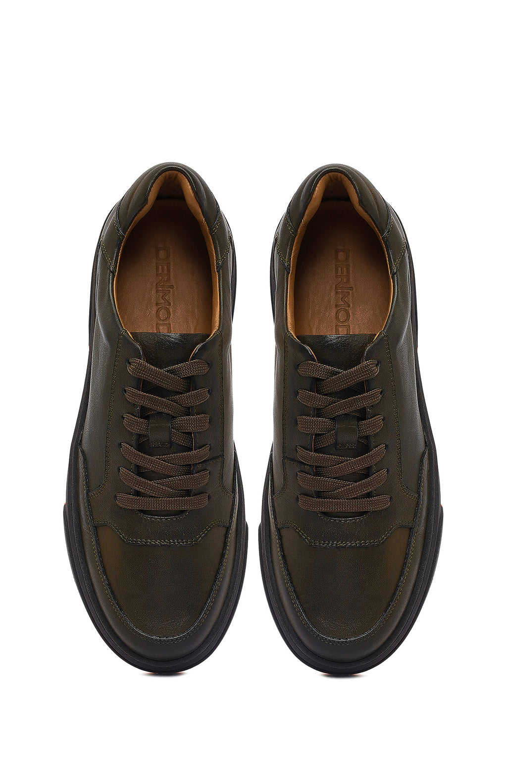 Erkek Haki Bağcıklı Deri Sneaker