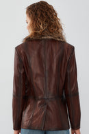 Anais Women's Brown Fur Collar Blazer Leather Jacket | Derimod Anais Women's Brown Fur Collar Blazer Leather Jacket | Derimod