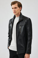 Hugo Men's Black Regular Leather Jacket | Derimod Hugo Men's Black Regular Leather Jacket | Derimod