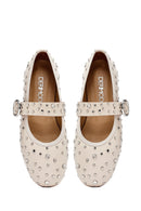 Women's Beige Buckled Stoned Leather Ballerinas | Derimod Women's Beige Buckled Stoned Leather Ballerinas | Derimod