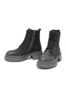 Women's Grey Zippered Suede Leather Combat Boots | Derimod Women's Grey Zippered Suede Leather Combat Boots | Derimod