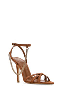Women's Bronze Ankle Strap Chain Detail Satin Leather Thin High Heel Sandals | Derimod Women's Bronze Ankle Strap Chain Detail Satin Leather Thin High Heel Sandals | Derimod