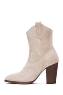 Women's Beige Suede Leather Cowboy Heeled Boots | Derimod Women's Beige Suede Leather Cowboy Heeled Boots | Derimod
