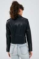 Newage Women's Black Slim-Fit Biker Leather Jacket | Derimod Newage Women's Black Slim-Fit Biker Leather Jacket | Derimod