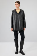 Cindy Women's Black Hooded Leather Coat | Derimod Cindy Women's Black Hooded Leather Coat | Derimod