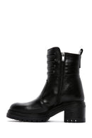 Women's Black Leather Zippered Heeled Boots | Derimod Women's Black Leather Zippered Heeled Boots | Derimod