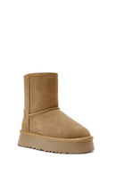 Women's Camel Fur Detailed Thick-Soled Suede Leather Boots | Derimod Women's Camel Fur Detailed Thick-Soled Suede Leather Boots | Derimod