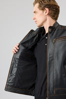 Felibe Men Black Stand Collar Vintage Leather Jacket | Derimod Felibe Men Black Stand Collar Vintage Leather Jacket | Derimod