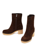 Women's Brown Zippered Thick Heeled Suede Leather Boot | Derimod Women's Brown Zippered Thick Heeled Suede Leather Boot | Derimod