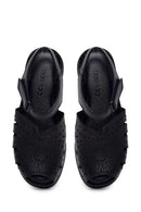 Woman Black Patterned Thick-Soled Leather Comfort Sandal | Derimod Woman Black Patterned Thick-Soled Leather Comfort Sandal | Derimod