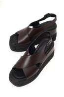 Woman Brown Ankle-Buckle Wedge-Heel Leather Sandal | Derimod Woman Brown Ankle-Buckle Wedge-Heel Leather Sandal | Derimod