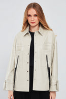 Farrah Women's Beige Oversize Leather Jacket | Derimod Farrah Women's Beige Oversize Leather Jacket | Derimod