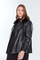 Samantha Women's Black Fur Leather Jacket | Derimod Samantha Women's Black Fur Leather Jacket | Derimod