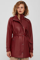 Whitney Women's Burgundy Long Leather Jacket | Derimod Whitney Women's Burgundy Long Leather Jacket | Derimod