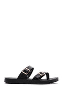 Women's Black Double Buckled Patterned Slippers | Derimod Women's Black Double Buckled Patterned Slippers | Derimod