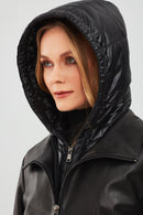 Tyler Women's Black Oversize Double Collar Hooded Leather Coat | Derimod Tyler Women's Black Oversize Double Collar Hooded Leather Coat | Derimod