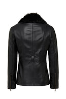 Edith Women's Black Collar Fur Leather Jacket | Derimod Edith Women's Black Collar Fur Leather Jacket | Derimod