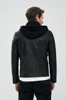 Formula Men's Black Embroidered Hooded Sports Leather Coat | Derimod Formula Men's Black Embroidered Hooded Sports Leather Coat | Derimod