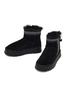 Women's Black Thick-Soled Patterned Suede Leather Teddy Boot | Derimod Women's Black Thick-Soled Patterned Suede Leather Teddy Boot | Derimod