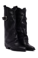 Women's Black Buckled Thick Heeled Leather Boot | Derimod Women's Black Buckled Thick Heeled Leather Boot | Derimod