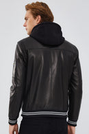 Tatum Men's Black Hooded Sports Leather Coat | Derimod Tatum Men's Black Hooded Sports Leather Coat | Derimod