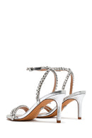 Women's Silver Ankle Buckle Stoned Thin Heel Sandals | Derimod Women's Silver Ankle Buckle Stoned Thin Heel Sandals | Derimod