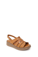 Woman Tan Strappy Thick-Soled Leather Comfort Sandal | Derimod Woman Tan Strappy Thick-Soled Leather Comfort Sandal | Derimod