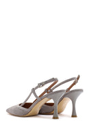 Women's Grey Slingback Suede Leather Thin Heeled Shoes | Derimod Women's Grey Slingback Suede Leather Thin Heeled Shoes | Derimod