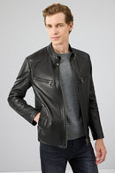 Jefferson Men's Black Stand Collar Slim-Fit Leather Jacket | Derimod Jefferson Men's Black Stand Collar Slim-Fit Leather Jacket | Derimod
