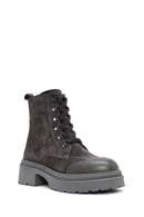 Women's Grey Zippered Suede Leather Combat Boots | Derimod Women's Grey Zippered Suede Leather Combat Boots | Derimod