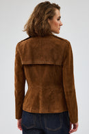 Giselle Women's Tan Short Suede Leather Jacket | Derimod Giselle Women's Tan Short Suede Leather Jacket | Derimod