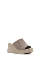 Women's Gray Wedge Heeled Suede Leather Slippers | Derimod Women's Gray Wedge Heeled Suede Leather Slippers | Derimod