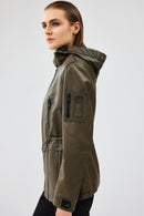 Jessica Women's Khaki Hooded Leather Jacket | Derimod Jessica Women's Khaki Hooded Leather Jacket | Derimod
