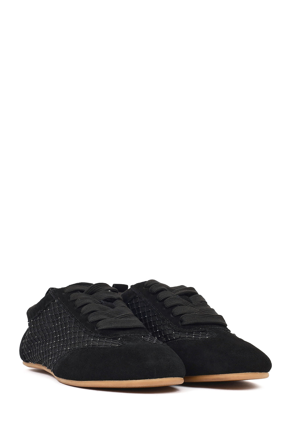 Kadın Siyah Bağcıklı Taşlı Süet Deri Sneaker