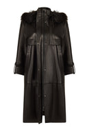Adele Woman Black A-Line Hooded Fur Collar Leather Overcoat | Derimod Adele Woman Black A-Line Hooded Fur Collar Leather Overcoat | Derimod