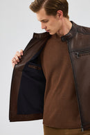Kawhi Men's Brown Slim-Fit Embroidered Leather Coat | Derimod Kawhi Men's Brown Slim-Fit Embroidered Leather Coat | Derimod