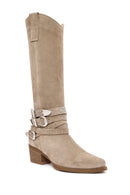Women's Beige Thick Heel Buckle Detailed Suede Leather Cowboy Boots | Derimod Women's Beige Thick Heel Buckle Detailed Suede Leather Cowboy Boots | Derimod
