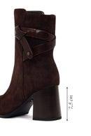 Woman Brown Zip Closure Chunky Heeled Suede Boots | Derimod Woman Brown Zip Closure Chunky Heeled Suede Boots | Derimod