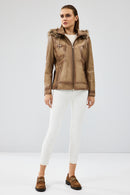 Meggy Women's Beige Hooded Furry Leather Jacket | Derimod Meggy Women's Beige Hooded Furry Leather Jacket | Derimod