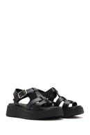 Women's Black Buckled Thick Soled Leather Comfort Sandals | Derimod Women's Black Buckled Thick Soled Leather Comfort Sandals | Derimod