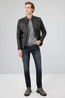 Jefferson Men's Black Stand Collar Slim-Fit Leather Jacket | Derimod Jefferson Men's Black Stand Collar Slim-Fit Leather Jacket | Derimod