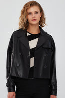 Tracy Women's Black Oversize Short Leather Coat | Derimod Tracy Women's Black Oversize Short Leather Coat | Derimod