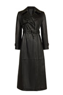 Isabel Woman Black Double-breasted Collar Leather Overcoat | Derimod Isabel Woman Black Double-breasted Collar Leather Overcoat | Derimod
