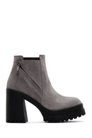 Women's Gray Suede Leather High Heeled Platform Boots | Derimod Women's Gray Suede Leather High Heeled Platform Boots | Derimod