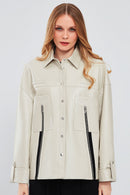 Farrah Women's Beige Oversize Leather Jacket | Derimod Farrah Women's Beige Oversize Leather Jacket | Derimod