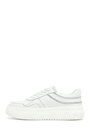 Woman White Laced Thick Sole Leather Sneakers | Derimod Woman White Laced Thick Sole Leather Sneakers | Derimod